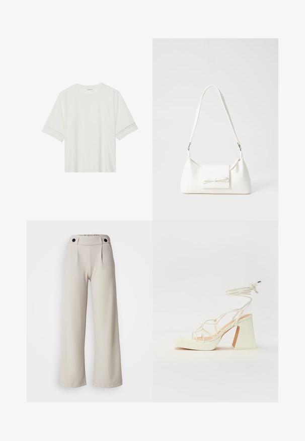 Biele tričko s krátkym rukávom vyrobené z bavlny, s dekoratívnym čipkovým lemovaním pozdĺž rukávov a okrúhlym výstrihom.; Plisované nohavice s širokými nohavicami v svetlo béžovej tkanine s hladkým povrchom, s prehnutým pásom a dvoma čiernymi gombíkmi na pásku.; Biele sandále na vysokom opätku s hrubým podpätkom, s pruhovaným dizajnom a viazaním na členku. Hladký povrch s platformou vpredu pre zvýšenú výšku.; Biela syntetická kabelka s trojuholníkovým tvarom, plochým predným klapkou a detailom mašle, nastaviteľným popruhom, hladkou textúrou a minimalistickým dizajnom.