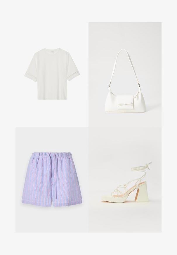 Camiseta blanca de manga corta hecha de algodón, con un ribete decorativo de encaje en las mangas y un escote redondo.; Pantalones cortos de color púrpura claro con rayas verticales rosas, con cintura elástica y cordón. Fabricados en una tela suave con un ajuste relajado.; Sandalia de tacón alto blanca con un tacón grueso, que presenta un diseño de tiras y un lazo en el tobillo. Textura suave con una plataforma en la parte delantera para mayor altura.; Bolso sintético blanco con forma triangular, tapa frontal plana y detalle de lazo, correa ajustable, textura suave y diseño minimalista.