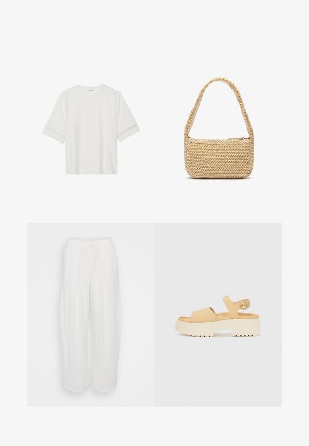 Biele tričko s krátkym rukávom vyrobené z bavlny, s dekoratívnym čipkovým lemovaním pozdĺž rukávov a okrúhlym výstrihom.; Biele, voľné nohavice s uvoľnenou siluetou, vyrobené z textúrovanej látky. Majú elastický pás a rovný strih.; Žlté sandále z faux kože s hrubou bielou platformou. Obsahujú dva široké popruhy a nastaviteľný členkový popruh s kovovou prackou.; Tkaná slamená taška na rameno vo svetlej béžovej farbe, s hladkým textilným podšívkou, zipsovým zapínaním a zaobleným popruhom pre jednoduché nosenie.