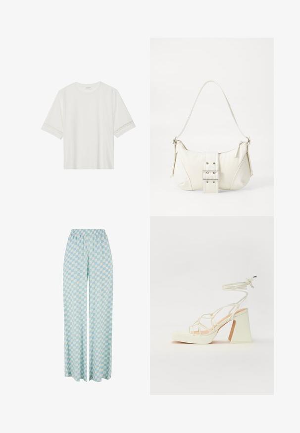 Biele tričko s krátkym rukávom vyrobené z bavlny, s dekoratívnym čipkovým lemovaním pozdĺž rukávov a okrúhlym výstrihom.; Svetlomodré široké nohavice s kockovaným vzorom v striedajúcich sa odtieňoch, s elastickým pásom pre pohodlie.; Biele sandále na vysokom opätku s hrubým podpätkom, s pruhovaným dizajnom a viazaním na členku. Hladký povrch s platformou vpredu pre zvýšenú výšku.; Biela taška cez rameno s textúrovaným povrchom, centrálnou prackou a zakriveným tvarom. Zipsy na oboch stranách.
