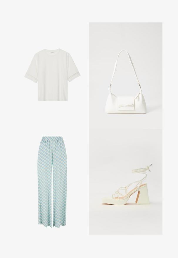 Bjela majica kratkih rukava od pamuka, s dekorativnom čipkastom obrubom duž rukava i okruglim izrezom.; Svijetloplave široke hlače s kariranim uzorkom u izmjeničnim nijansama, s elastičnom waistbandom za udobnost.; Bijela sandala na visokoj potpetici s debelim petom, s remenom i vezanjem oko gležnja. Glatka tekstura s platformom sprijeda za dodatnu visinu.; Bijela sintetička torbica s trokutastim oblikom, ravnim prednjim poklopcem i detaljem u obliku mašne, podesivom remenom, glatkom teksturom i minimalističkim dizajnom.