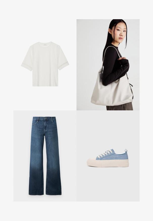 Balta īsām piedurknēm T-kreklu, izgatavotu no kokvilnas, ar dekoratīvu mežģīņu apdari ap piedurknēm un apaļu kakla izgriezumu.; Tumši zili, platajām kājām džinsi, izgatavoti no denim, ar augstu jostu, piecu kabatu dizainu un vieglu izbalējumu pie malām. Standarta pogu aizdare.; Gaiši zili kanvas sneakeri ar krēmkrāsas gumijas pirksta aizsargu un ārējo zoli, aprīkoti ar baltām šņorēm un cilpu uz papēža.; Bežs rokassoma, izgatavota no mīksta materiāla, ar brīvu dizainu, izšūtu apdari un divām plecu siksnām. Piemērota ikdienas lietošanai.