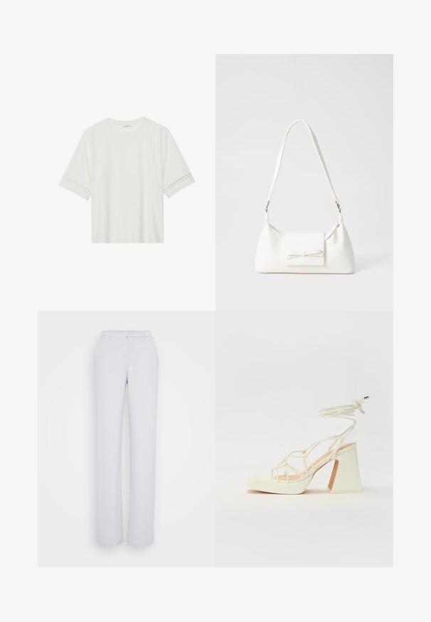 T-shirt branco de manga curta feito de algodão, com bainha de renda decorativa nas mangas e decote redondo.; Calças cinza claro com um design de perna reta, feitas de tecido suave, apresentando uma frente lisa, cós e sem enfeites visíveis.; Sandálias brancas de salto alto com um salto robusto, apresentando um design com tiras e amarração no tornozelo. Textura suave com uma plataforma na frente para altura adicional.; Mala sintética branca com formato triangular, aba frontal plana e detalhe de laço, alça ajustável, textura suave e design minimalista.