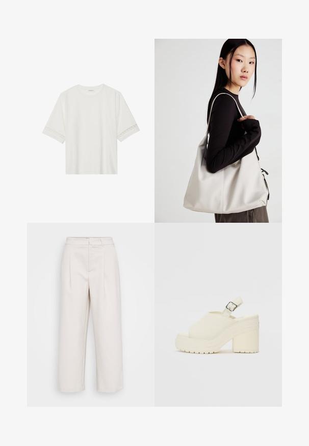 Bílé tričko s krátkým rukávem vyrobené z bavlny, s dekorativní krajkovou aplikací na rukávech a kulatým výstřihem.; Béžové kalhoty s širokými nohavicemi vyrobené z hladké látky, s dvěma předními sklady, pasem s poutky na opasek a rovnými lemy.; Bílé platformové boty s otevřenou špičkou a páskem kolem paty. Vyrobené z texturovaného materiálu, s tlustou podrážkou s protiskluzovými vzory.; Beige kabelka vyrobená z měkkého materiálu, s volným designem, prošívanými detaily a dvěma ramenními popruhy. Vhodná pro každodenní použití.