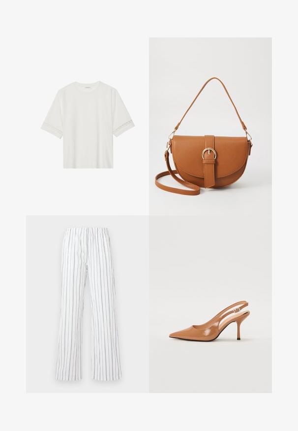 Fehér, rövid ujjas póló, pamutból készült, díszes csipkés szegéllyel az ujjak mentén és kerek nyakkivágással.; Fehér nadrág kék függőleges csíkokkal, könnyű anyagból készítve. Rugalmas derékkal és széles, trapéz szabású szárakkal rendelkezik.; Fingerszűk, hegyes orrú, háttámlás sarokcipő sima, fényes barnás anyagból. Íves kivágású dizájn és karcsú stiletto sarkú. Ezüst csattal ellátva.; Barna bőr keresztbody táska ívelt formával, aranyszínű fémrészekkel és csat díszítéssel. Levehető vállpánttal rendelkezik.
