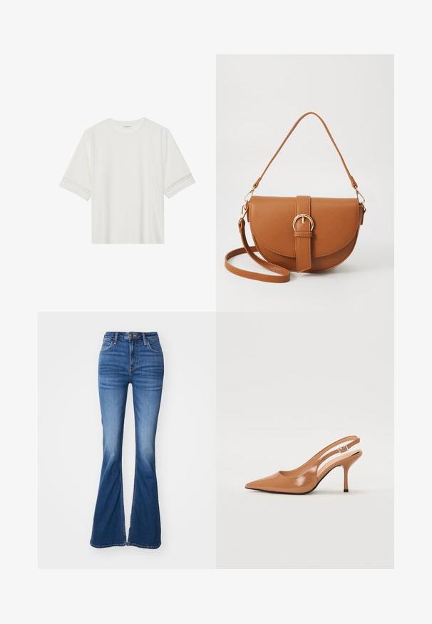 Valge lühikese varrukaga T-särk, mis on valmistatud puuvillast, kaunistatud pitsiga varrukate ääres ja ümmarguse kaelusega.; Kergelt laienevad sinised teksapüksid keskmise pesuga, kontrastõmblustega, viie taskuga ja esi-nupukinnitusega.; Küüntega slingback konts, mis on valmistatud siledast ja läikivast tan värvi materjalist. Omab kaarjat lõigatud disaini ja õhukest stiletto kontsa. Hõbedane pandla detail.; Pruun nahast õlakott, millel on kumer kuju, kullavärvi riistvara ja pandlaga kaunistus. Omab eemaldatavat õlarihma.