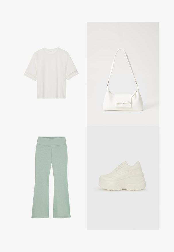 White short-sleeve t-shirt made from cotton, featuring decorative lace trim along the sleeves and a round neckline.; Light green flared pants with a wide waistband, made from soft, textured fabric. Features a subtle heather pattern throughout.; White platform sneakers featuring a smooth leather-like upper, rounded shape, padded collar, and textured rubber sole with defined treads.; White synthetic handbag with a triangular shape, flat front flap and bow detail, adjustable strap, smooth texture, and minimalistic design.