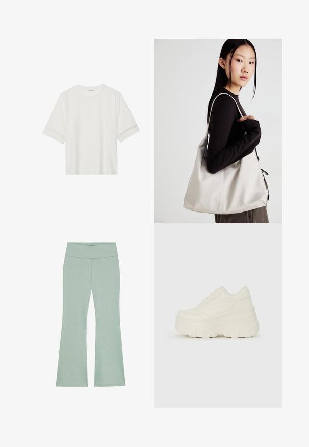 Weißes T-Shirt mit kurzen Ärmeln aus Baumwolle, mit dekorativem Spitzenbesatz entlang der Ärmel und einem runden Ausschnitt.; Helle grüne Schlaghosen mit einem breiten Bund, aus weichem, strukturiertem Stoff gefertigt. Mit einem dezenten Melange-Muster durchzogen.; Weiße Platform Sneakers mit einem glatten, lederähnlichen Obermaterial, abgerundeter Form, gepolstertem Kragen und strukturierten Gummisohlen mit ausgeprägten Stollen.; Beige Handtasche aus weichem Material, mit einem lässigen Design, gesteppten Details und zwei Schulterriemen. Geeignet für den täglichen Gebrauch.