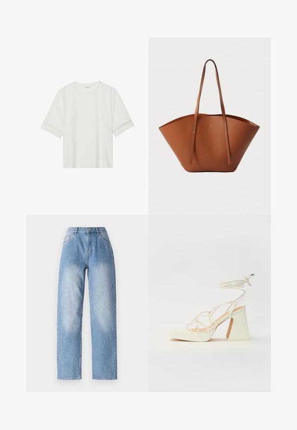 Balta trumpomis rankovėmis marškinėliai, pagaminti iš medvilnės, su dekoratyviais nėriniais aplink rankoves ir apvaliu kaklu.; Šviesiai mėlynos džinsinės kelnės su aukštu juosmeniu, tiesių kojų siluetu ir subtiliu blukimu viršutinėje priekyje, suteikiančiu papildomo tekstūros.; Balti aukštakulniai sandalai su masyviu kulnu, su dirželių dizainu ir kulkšnies raiščiu. Lygi tekstūra su platforma priekyje, suteikianti papildomą aukštį.; Ruda odinė rankinė su plačia, struktūrizuota forma, plonomis rankenomis ir tekstūruotu paviršiu. Pasižymi minimalistišku dizainu be matomų detalių.