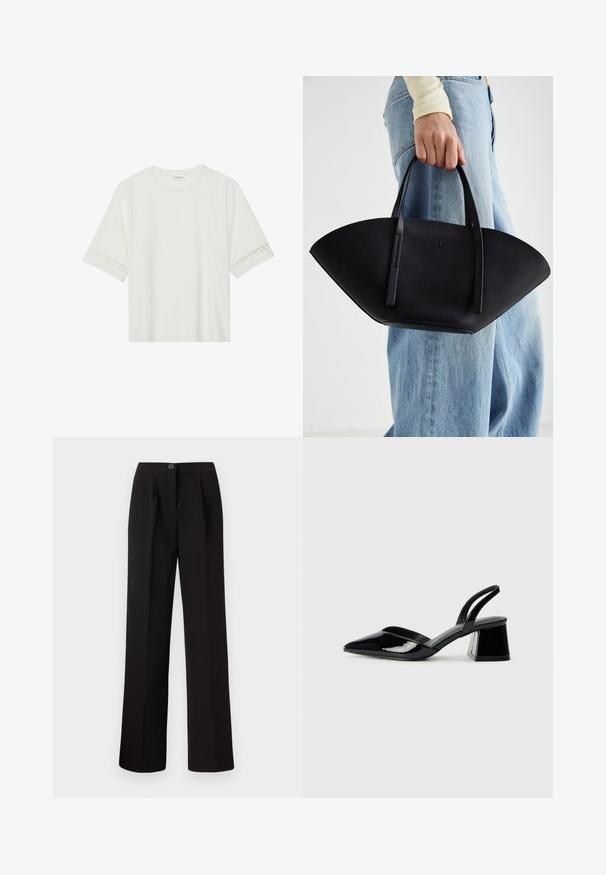 Bela kratka majica s kratkimi rokavi iz bombaža, okrašena z dekorativnim čipkastim robom ob rokavih in okroglo izrezom.; Črne hlače s ravnim krojem, ki imajo sprednje gube, gumbasto zapiranje in gladko, teksturirano blago.; Črne lakirane slingback pete s koničastim nosom in geometrijsko blokasto peto. Imajo eleganten, minimalističen dizajn in gladko teksturo.; Črna usnjena torbica z edinstveno obliko ventilatorja, z ravnimi ročaji. Površina ima teksturo z drobnimi kamni in minimalističen dizajn.