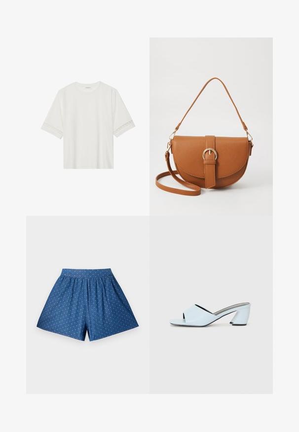 T-shirt blanc à manches courtes en coton, avec des bordures en dentelle décoratives le long des manches et un col rond.; Shorts en denim bleu avec une taille élastique et un motif de petits pois blancs. Présente une coupe décontractée et une longueur au genou. Texture lisse.; Mules à talons ouverts bleu clair avec un design géométrique, dotés d'une large bride sur le pied et d'un talon épais et angulaire.; Sac bandoulière en cuir marron avec une forme incurvée, quincaillerie dorée et un accent en boucle. Comprend une bandoulière détachable.
