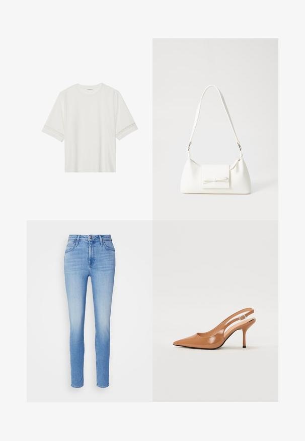 Hvit t-skjorte med kort erme laget av bomull, med dekorativ blondekant langs ermene og en rund halslinning.; Lyseblå denimjeans med slim fit, middels høyt liv, fem lommer og diskret falming for et avslappet utseende. Klassiske beltehemper og knappelukking.; Spiss tå slingback hæl i et glat, glinsende brunt materiale. Har et buet utskårent design og en slank stilett hæl. Sølvspenne detalj.; Hvit syntetisk håndveske med trekantet form, flat klaff foran og sløyfe detaljer, justerbar stropp, glatt tekstur og minimalistisk design.