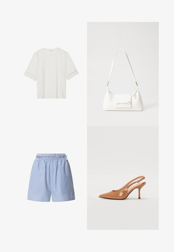 Balta trumpomis rankovėmis marškinėliai, pagaminti iš medvilnės, su dekoratyviais nėriniais aplink rankoves ir apvaliu kaklu.; Dryžuoti mėlyni šortai su elastinga juosta ir neriama virve. Yra vertikalios baltos juostelės ir laisvos prigludimo dizainas.; Pailgų smailiu pirštu slingback kulnas, pagamintas iš lygaus, blizgaus rudos spalvos medžiagos. Yra kreivų išpjovimų dizainas ir lieknas stiletto kulnas. Sidabrinė sagtis.; Balta sintetinė rankinė trikampio formos, plokščiu priekiu su užsegimu, kaspino detale, reguliuojama dirželiu, lygia tekstūra ir minimalistišku dizainu.