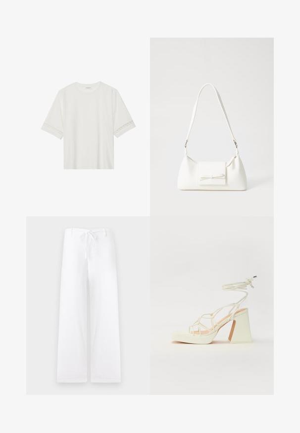 Camiseta blanca de manga corta hecha de algodón, con un ribete decorativo de encaje en las mangas y un escote redondo.; Pantalones blancos de pierna ancha con cintura ajustable. Hechos de una tela ligera, presentan un diseño simple sin adornos ni bolsillos.; Sandalia de tacón alto blanca con un tacón grueso, que presenta un diseño de tiras y un lazo en el tobillo. Textura suave con una plataforma en la parte delantera para mayor altura.; Bolso sintético blanco con forma triangular, tapa frontal plana y detalle de lazo, correa ajustable, textura suave y diseño minimalista.