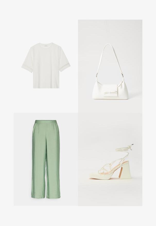Balta īsām piedurknēm T-kreklu, izgatavotu no kokvilnas, ar dekoratīvu mežģīņu apdari ap piedurknēm un apaļu kakla izgriezumu.; Vero Moda VMJOSIE NOOS - Auduma bikses - hedge green; Baltas augstpapēžu sandales ar masīvu papēdi, ar siksnu dizainu un potītes saistītiem elementiem. Gluda tekstūra ar platformu priekšpusē, lai nodrošinātu papildu augstumu.; Balta sintētiska soma ar trīsstūrveida formu, plakanu priekšējo vāciņu un loku detaļu, regulējamu siksnu, gludu tekstūru un minimālistisku dizainu.