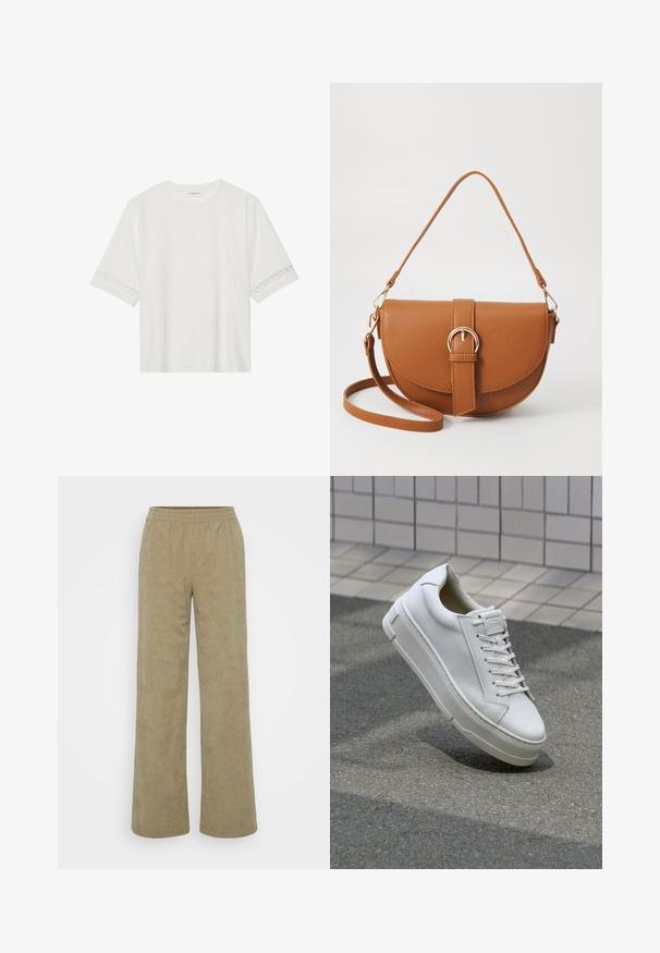 Bjela majica kratkih rukava od pamuka, s dekorativnom čipkastom obrubom duž rukava i okruglim izrezom.; Hlače od kordura širokih nogavica u prigušenoj maslinasto zelenoj boji. Sadrže teksturirane linije, elastičnu izrađenu u struku i ležeran kroj. Nema vidljivih džepova.; Bijeli kožni tenisice s niskim dizajnom, ravnim vezicama, zaobljenim vrhom i teksturiranim stranama. Debeli gumeni potplat s suptilnim naglascima.; Smeđa kožna torba preko tijela s zakrivljenim oblikom, zlatnim metalnim detaljima i naglaskom na kopču. Ima odvojivu naramenicu.