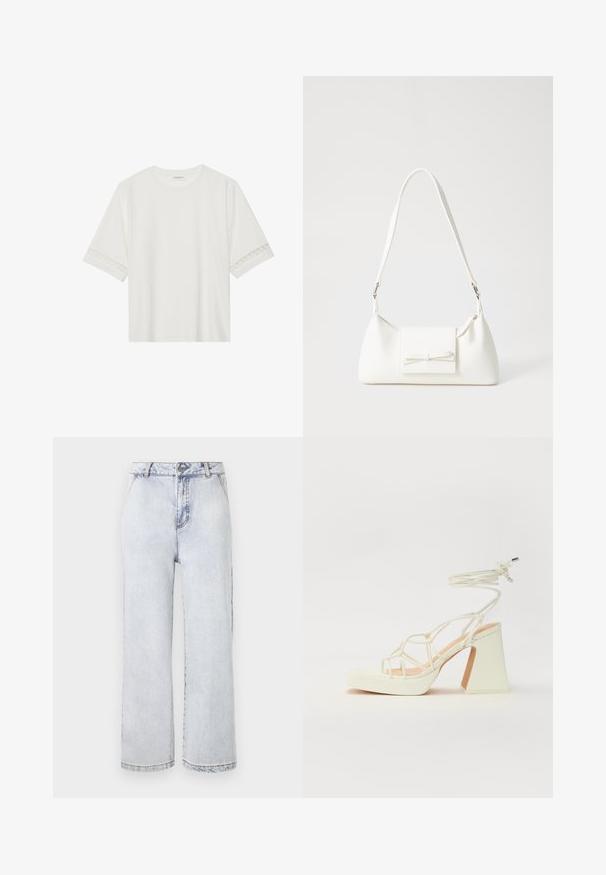 Hvit t-skjorte med kort erme laget av bomull, med dekorativ blondekant langs ermene og en rund halslinning.; Lys blå denim vide beina bukser med høy midje, med knappelukking, rett fald og minimal falming.; Hvit høyhælte sandal med kraftig hæl, med en stroppe-design og ankelbånd. Glatt tekstur med plattform foran for ekstra høyde.; Hvit syntetisk håndveske med trekantet form, flat klaff foran og sløyfe detaljer, justerbar stropp, glatt tekstur og minimalistisk design.