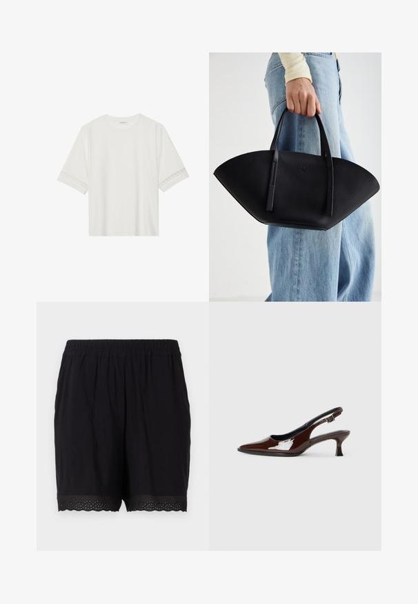 T-shirt branco de manga curta feito de algodão, com bainha de renda decorativa nas mangas e decote redondo.; Calções de algodão pretos com um cinto elástico e bainha emondulada, apresentando detalhes perfurados nas bordas. Tecido suave e leve.; Sapato slingback em pele sintética castanha com bico pontiagudo e salto moderado. Apresenta uma fivela para um ajuste seguro. Textura suave.; Bolsa de mão em couro preto com uma forma única em leque, apresentando alças planas. A superfície tem uma textura pebble e um design minimalista.
