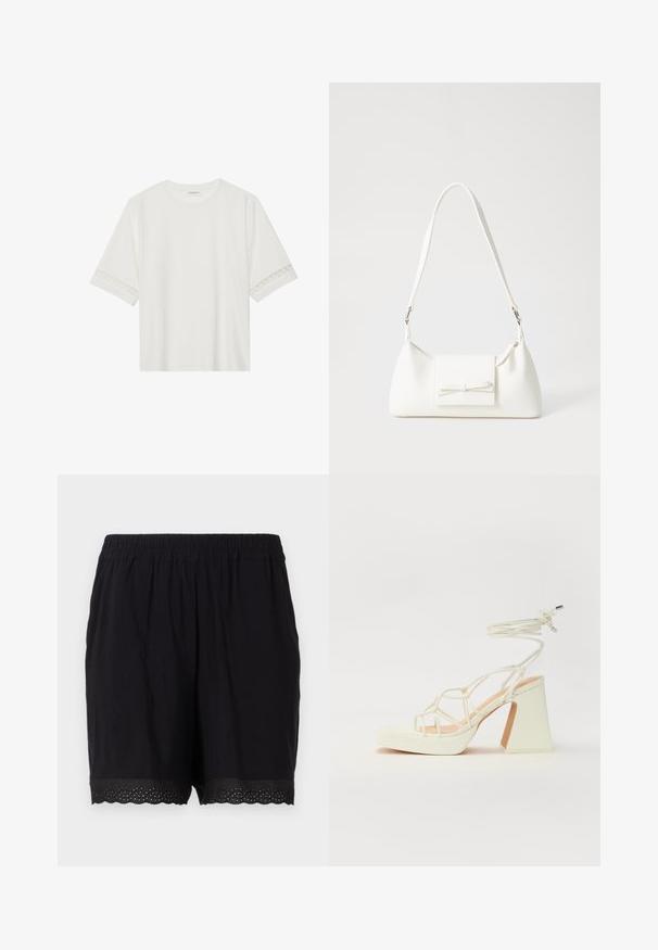 Balta trumpomis rankovėmis marškinėliai, pagaminti iš medvilnės, su dekoratyviais nėriniais aplink rankoves ir apvaliu kaklu.; Juodi medvilniniai šortai su elastine juosta ir banguotu kraštu, kuriame yra perforuotas detalizavimas. Minkšta ir lengva medžiaga.; Balti aukštakulniai sandalai su masyviu kulnu, su dirželių dizainu ir kulkšnies raiščiu. Lygi tekstūra su platforma priekyje, suteikianti papildomą aukštį.; Balta sintetinė rankinė trikampio formos, plokščiu priekiu su užsegimu, kaspino detale, reguliuojama dirželiu, lygia tekstūra ir minimalistišku dizainu.