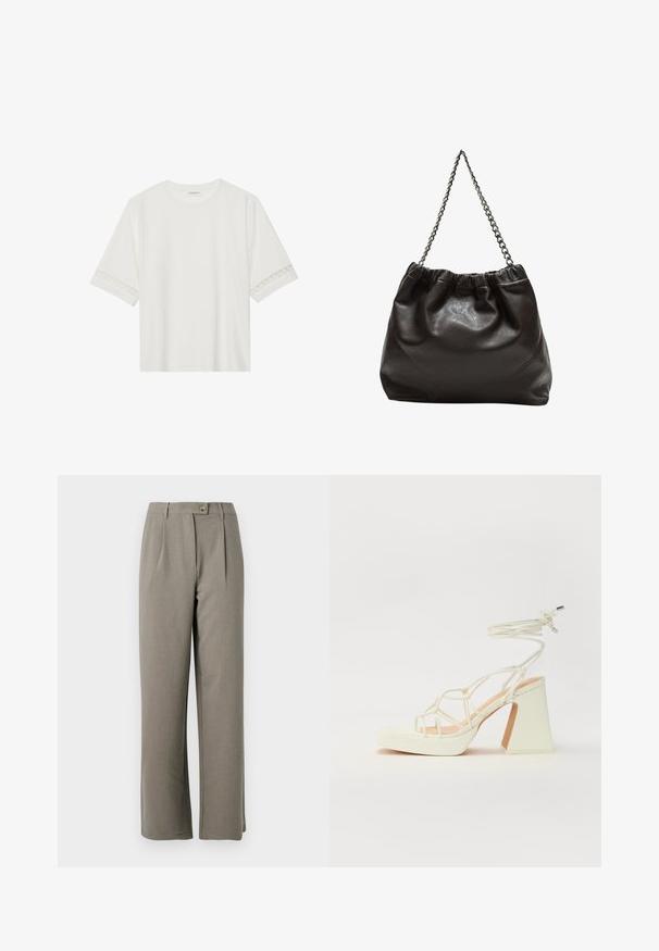 Biele tričko s krátkym rukávom vyrobené z bavlny, s dekoratívnym čipkovým lemovaním pozdĺž rukávov a okrúhlym výstrihom.; Svetlosivé široké nohavice s hladkou textúrou, so záhybmi na prednej strane, zapínaním na gombík a dvoma bočnými vreckami.; Biele sandále na vysokom opätku s hrubým podpätkom, s pruhovaným dizajnom a viazaním na členku. Hladký povrch s platformou vpredu pre zvýšenú výšku.; Hnedá kožená taška so zberaným vrchom a reťazovým popruhom. Hladký povrch s lesklým finišom a jemným švom po stranách.