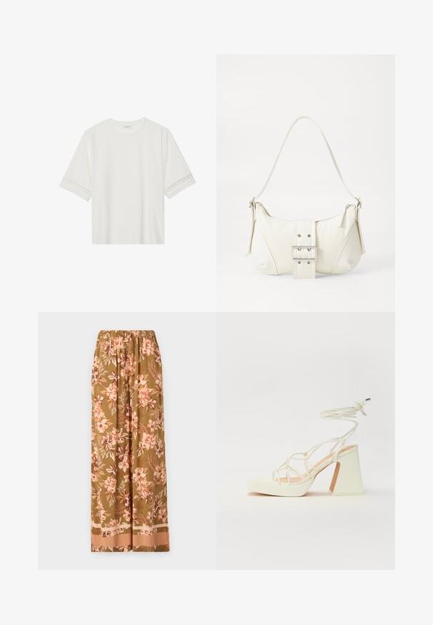 Witte korte mouwen t-shirt van katoen, met een decoratieve kantafwerking langs de mouwen en een ronde halslijn.; Bloeiende wijde broek in olijfgroen met roze en crèmekleurige bloemenpatronen. Voorzien van een elastische tailleband en een contrasterende zoom.; Witte hoge hakken sandaal met een chunky hak, met een bandjesontwerp en enkelband. Gladde textuur met een plateau voor extra hoogte.; Witte schoudertas met een gestructureerde afwerking, een centrale gesp accent, en een gebogen vorm. Ritssluitingen aan beide zijkanten.