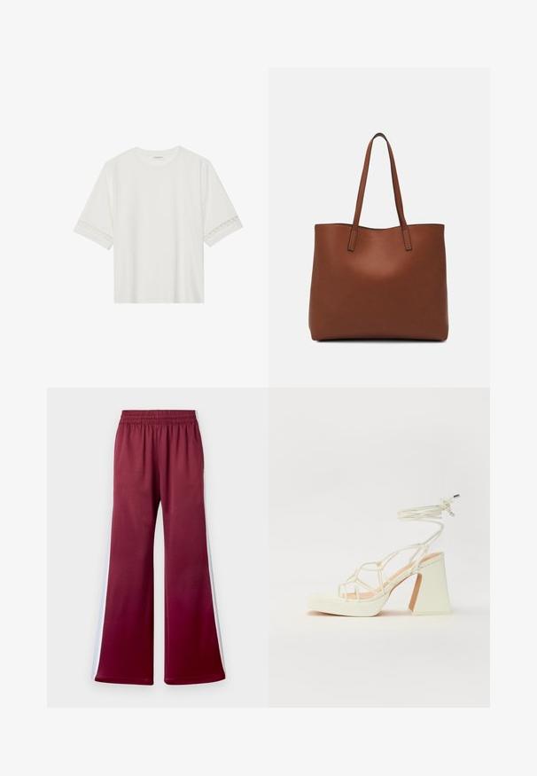 Bjela majica kratkih rukava od pamuka, s dekorativnom čipkastom obrubom duž rukava i okruglim izrezom.; Maroon hlače opuštenog kroja s elastičnim pojasom, s bijelim bočnim prugama i glatkom teksturom tkanine. Dizajn širokih nogavica.; Bijela sandala na visokoj potpetici s debelim petom, s remenom i vezanjem oko gležnja. Glatka tekstura s platformom sprijeda za dodatnu visinu.; Smeđa kožna torba preko ramena s glatkom teksturom, otvorenim vrhom i dvjema naramenicama. Ima minimalne šavove i nema vidljivog hardvera.