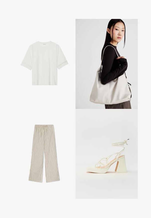 Tricou alb cu mânecă scurtă, confecționat din bumbac, cu dantelă decorativă pe marginea mânecilor și un guler rotund.; Pantaloni dintr-o țesătură ușoară, de culoare crem, cu dungi verticale maro, având un elastic în talie cu șnur și picioare largi.; Sandale albe cu toc înalt și gros, cu un design cu curele și legătură la gleznă. Textură netedă, cu o platformă frontală pentru înălțime suplimentară.; Geantă bej din material moale, cu un design lejer, detalii cusute și două bretele pentru umăr. Potrivită pentru utilizarea zilnică.