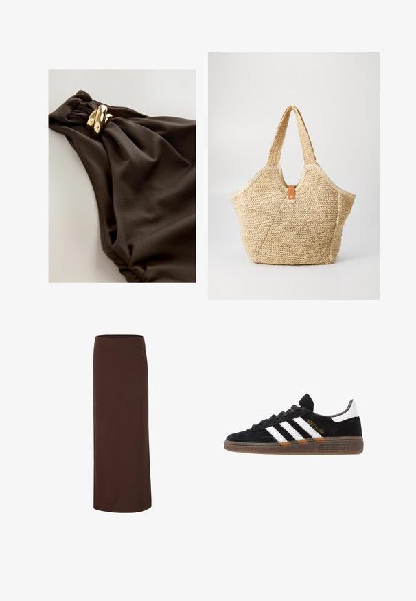 Maillot de bain brun foncé avec un design en tissu froncé, accent tordu et détails en métal doré. Texture lisse.; Jupe midi marron en tissu lisse, dotée d'une taille ajustée et d'une silhouette droite sans motifs ni accents visibles.; Baskets Adidas noires avec rayures blanches, inscription dorée "Spezial", semelle en gomme et languette blanche au talon, présentées en vue de profil.; Grand sac fourre-tout en paille avec un extérieur texturé beige et deux grandes poignées. Présente une sangle en cuir pour la fermeture.