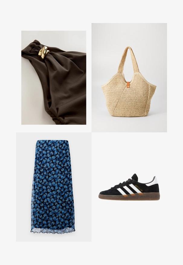Maillot de bain brun foncé avec un design en tissu froncé, accent tordu et détails en métal doré. Texture lisse.; Jupe en imprimé floral bleu marine avec des motifs de marguerites bleu clair, en tissu transparent, à ourlet festonné et à silhouette droite.; Baskets Adidas noires avec rayures blanches, inscription dorée "Spezial", semelle en gomme et languette blanche au talon, présentées en vue de profil.; Grand sac fourre-tout en paille avec un extérieur texturé beige et deux grandes poignées. Présente une sangle en cuir pour la fermeture.