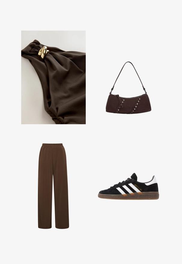 Tummanruskea uimapuku, jossa on kerrostettu kankaan muotoilu, kierrekoriste ja kultaharkkiset metalliyksityiskohdat. Sileä pinta.; Ruskeat leveät housut, jotka on valmistettu pehmeästä kankaasta. Housuissa on joustava vyötärö ja sileä pinta, ilman huomattavia kuvioita tai yksityiskohtia.; Mustat Adidas-nikeset, joissa on valkoiset raidat, kultaiset "Spezial"-tekstiset, kumipohja ja valkoinen kantapää, esitetty sivuprofiilissa.; Ruskea synteettisestä nahasta valmistettu käsilaukku, jossa on kaareva muoto, vetoketjukiinnitys ja koristeellisia hopeanvärisiä niittejä yhden sivun varrella. Varustettu lyhyellä olkahihnalla.