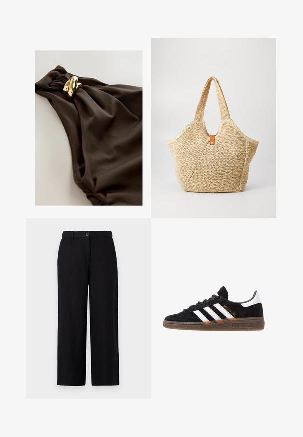 Sötétbarna fürdőruha, amely ráncolt anyagkialakítással, csavart díszítéssel és aranyszínű fémhardver részletekkel rendelkezik. Simaság jellemzi.; Fekete, bő szárú nadrág könnyű anyagból, elöl gombos záródással és övhurkokkal. Simább textúrájú, látható minták nélkül.; Fekete Adidas sneaker fehér csíkokkal, arany "Spezial" felirattal, gumitalppal és fehér saroktabbal, profil nézetben bemutatva.; Nagy szalma táska texturált, bézs külsővel és két széles füllel. Bőr díszíti a zárást.
