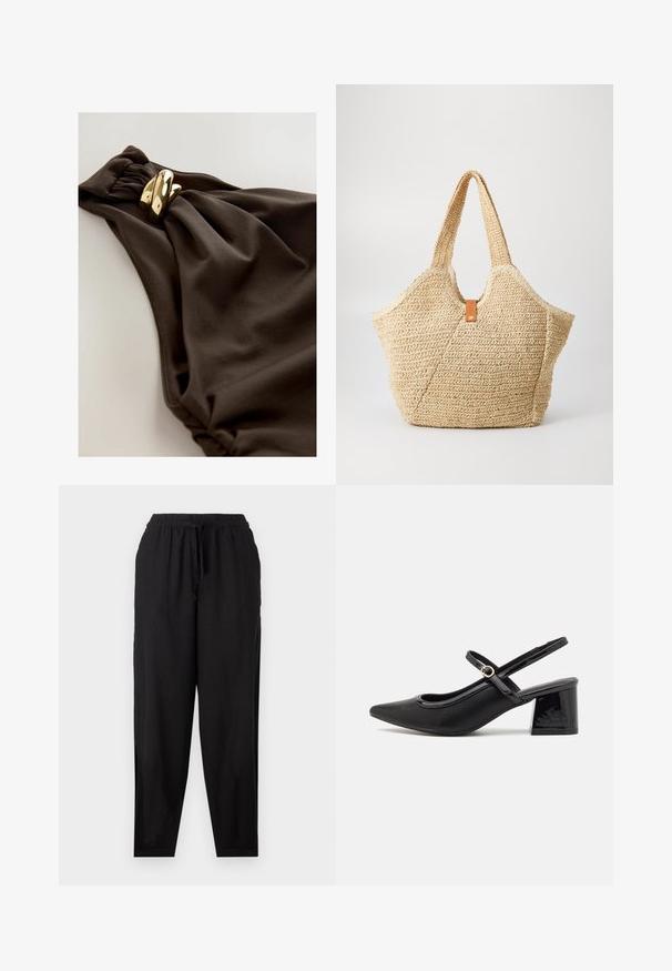 Temno rjav kopalni kostim z nabrano tkanino, ki vključuje zavit akcent in podrobnosti iz kovine v zlatem odtenku. Gladka tekstura.; Črne, lahke hlače iz tkanine z elastičnim pasom, podrobnostjo z vrvico in ožjimi nogami. Gladka površina; minimalističen dizajn.; Črne patentne usnjene salonarce s slingback obliko, s koničastim nosom, zaobljenim izrezom in blok peto. Imajo zlato kovinsko zaponko kot dodatno okrasje.; Velika slamnata torba z zrnato bež zunanjostjo in dvema širokima ročajema. Ima kožno poudarjeno naramnico za zapiranje.