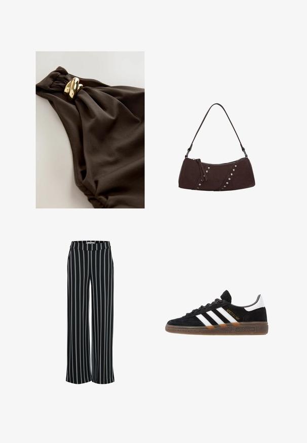 Temno rjav kopalni kostim z nabrano tkanino, ki vključuje zavit akcent in podrobnosti iz kovine v zlatem odtenku. Gladka tekstura.; Črne tkanine hlače z navpičnimi modrimi črtami, širok kroj in elastičen pas. Gladka tekstura, brez vidnih zakov. ; Črne Adidas superge z belimi črtami, zlatim napisom "Spezial", gumo podplatom in belim petnim delom, prikazane v stranskem pogledu.; Rjava sintetična usnjena torbica s ukrivljeno obliko, zadrgo in dekorativnimi srebrnimi žebljički ob eni strani. Ima kratko naramnico.