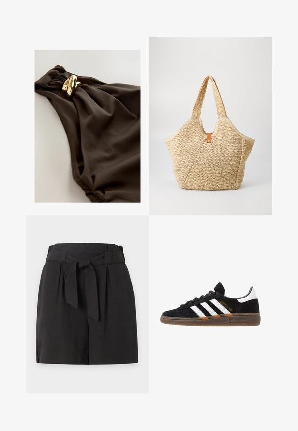 Tumepruun ujumisriietus, millel on kokku volditud kangast disain, keeratud aktsent ja kuldse tooni metalldetailid. Sile tekstuur.; Mustad mustrid, millel on volditud vöökoht ja nööri detail. Valmistatud siledast kangast, millel on kohandatud lõige ja külgserva lõhik mugavuse tagamiseks.; Mustad must Adidas'i sneaker valgete triipudega, kuldse "Spezial" tekstiga, kummi tallaga ja valge kontsaga, kujutatud külgvaates.; Suur õlgkott, millel on tekstureeritud beež välimus ja kaks laia sang. Omab nahast kaunistusrihma sulgemiseks.