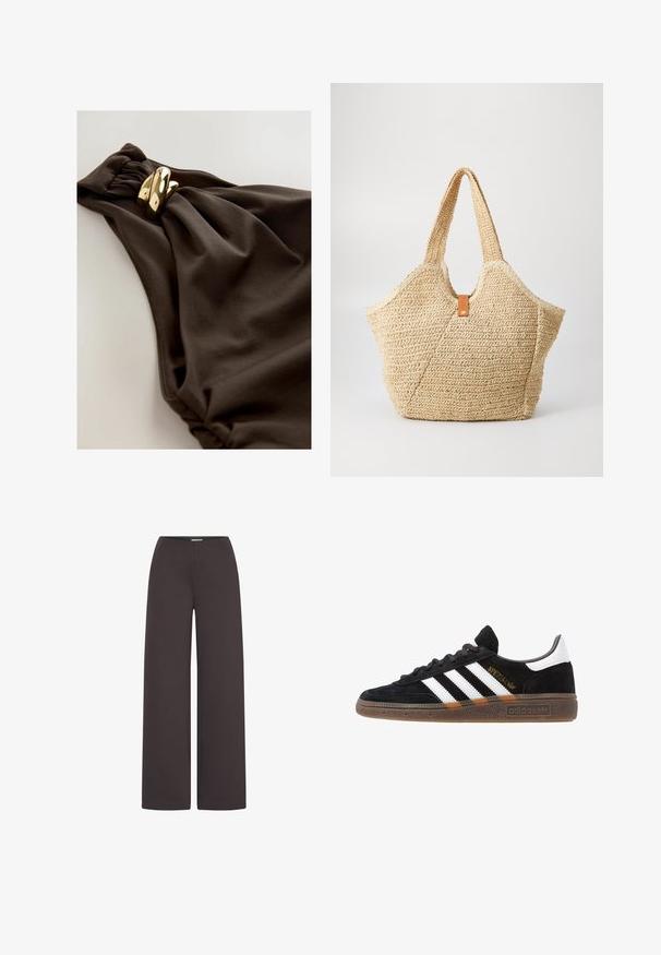 Temno rjav kopalni kostim z nabrano tkanino, ki vključuje zavit akcent in podrobnosti iz kovine v zlatem odtenku. Gladka tekstura.; ICHI Hlače - chocolate torte; Črne Adidas superge z belimi črtami, zlatim napisom "Spezial", gumo podplatom in belim petnim delom, prikazane v stranskem pogledu.; Velika slamnata torba z zrnato bež zunanjostjo in dvema širokima ročajema. Ima kožno poudarjeno naramnico za zapiranje.