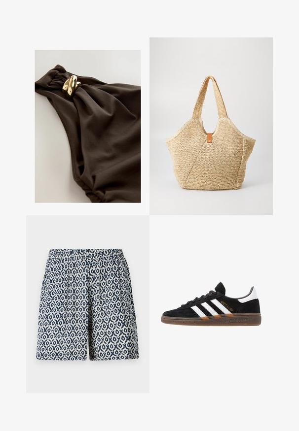 Donkerbruine zwemkleding met een ontworpen stof met plooien, een gedraaide accent en details van goudkleurig metaal. Soepele textuur.; Geprinte short met een marineblauw en witte geometrische ontwerp, elastische tailleband, klassieke pasvorm, met een zachte, lichtgewicht stoftextuur.; Zwarte Adidas sneaker met witte strepen, gouden "Spezial" tekst, gumzool en witte hieltab, weergegeven in zijaanzicht.; Grote stro tote bag met een getextureerde, beige buitenkant en twee brede handvatten. Beschikt over een leren accentriem voor sluiting.