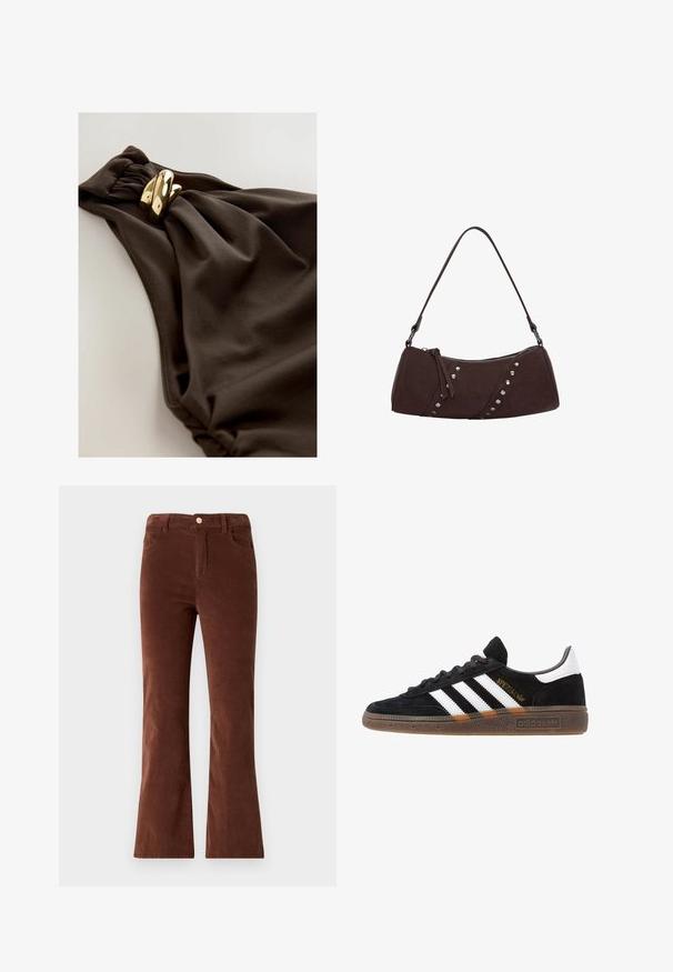 Tmavě hnědý plavky s designem shromážděné tkaniny a zkrouceným akcentem, doplněné detaily ze zlaceného kovu. Hladká textura.; Hnědé kordové kalhoty s rozšířenými nohavicemi a středně vysokým pasem, s knoflíkovým zapínáním a dvěma předními kapsami. Hladká textura a jednotná barva.; Černé tenisky Adidas se bílými pruhy, zlatým textem "Spezial", gumovou podešví a bílou patní částí, zobrazené v bočním pohledu.; Hnědá kabelka z syntetické kůže s zakřiveným tvarem, zapínáním na zip a dekorativními stříbrnými cvočky podél jedné strany. Má krátký ramenní popruh.