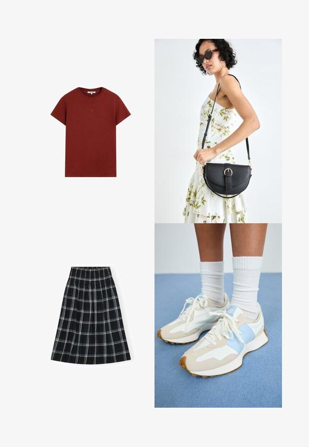 Camiseta de manga corta y cuello redondo en rojo oscuro con un pequeño logo centrado cerca del pecho, presentada sobre un fondo blanco.; Falda de cuadros en blanco y negro con una cinturilla fruncida, de longitud hasta la rodilla, con un diseño acampanado y una textura de tela suave.; Zapatillas ligeras con un diseño en beige y azul claro. Presentan materiales de ante y malla, cordones blancos y una suela de goma texturizada.; Bolso de piel negra con forma curva, correa desmontable y herrajes dorados. El bolso cuenta con una solapa con un detalle de hebilla.