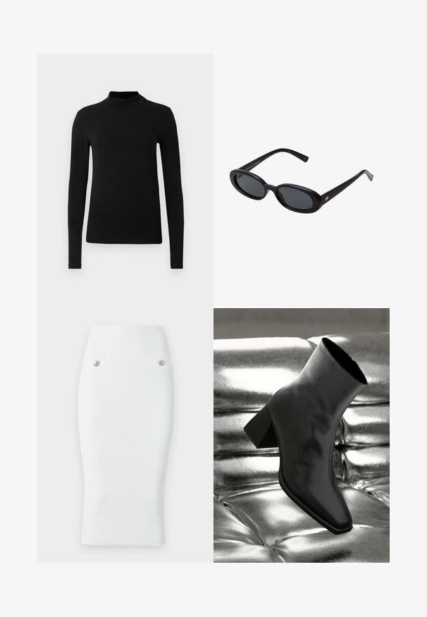 Juodas ilgomis rankovėmis megztukas su aukštu kaklu, pagamintas iš lygios medžiagos; prigludęs dizainas be matomų siūlių. Paprasta, vienspalvė.; Balta juostos pieštuko sijonas, pasižymintis prigludusia siluetu, tekstūruotu audiniu, elastingu juosmuo ir dviem dekoratyviniais auksiniais mygtukais.; Juodos kulkšnies botai, pagaminti iš blizgaus medžiagos, su kvadratine padu ir siauru kulnu, prieš blizgiai sidabrinį pūsto audinio foną.; Juodos didelės saulės akinių su ovaliais objektyvais, lygia plastiko rėmeliu ir aukso akcentais ant šventyklos. Tamsūs objektyvai suteikia apsaugą nuo saulės.; Carlheim ADALINE - Rankinė - brown