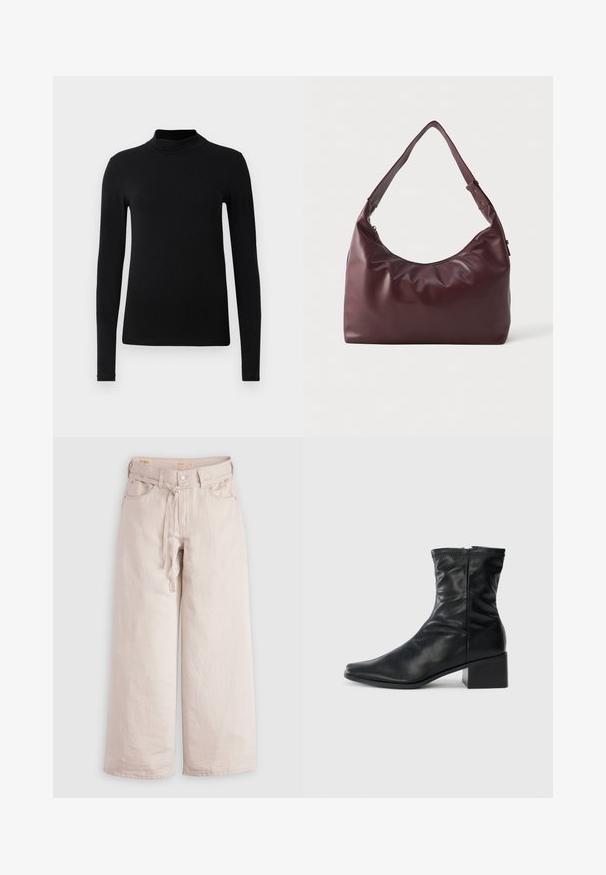 Cămașă neagră cu mânecă lungă și guler înalt, dintr-un material neted; design ajustat, fără cusături vizibile. Culoare simplă, uniformă.; Pantaloni largi de denim, de culoare bej deschis, cu închidere cu nasture, curea și buzunare frontale. Textură netedă, cu un croi lejer.; Botină din piele neagră până la jumătatea gambei, cu vârf pătrat, fermoar pe lateral și toc pătrat, pe un fundal alb simplu.; Geantă de umăr din piele burgundy netedă, cu curea ajustabilă și închidere cu fermoar, expusă pe un fundal alb simplu.