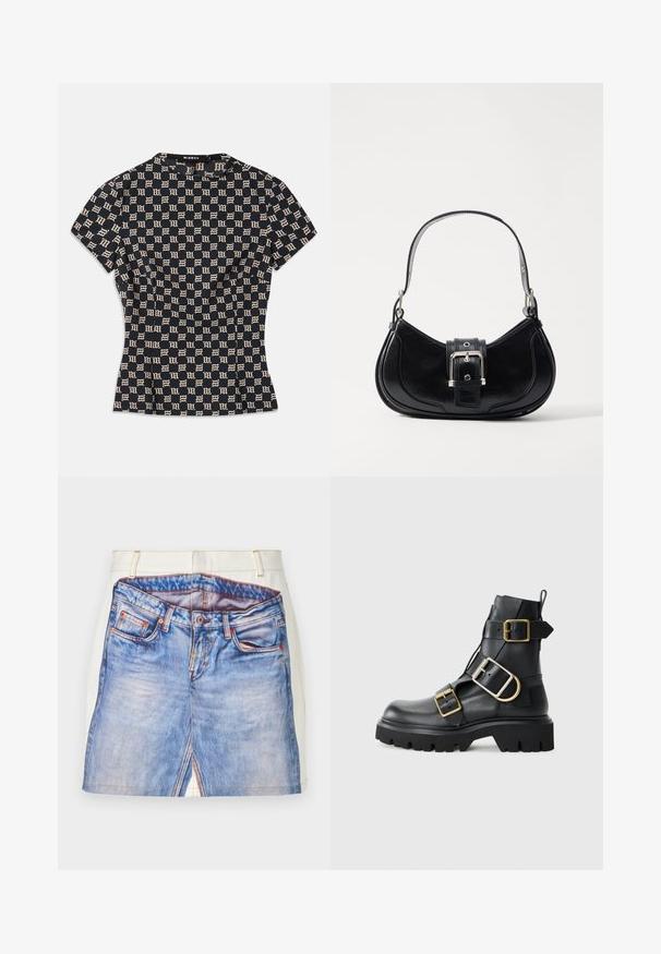 Top aderente a maniche corte in blu navy con un motivo geometrico beige. Presenta un collo alto e un tessuto texturizzato. Etichetta del marchio sulla parte posteriore.; Short in denim con un motivo di jeans blu stampato, con una vita bianca, cuciture arancioni e dettagli con spacco laterale.; Stivaletto in pelle nera con suola spessa, caratterizzato da più cinghie e dettagli in hardware dorato. Texture liscia, design robusto.; Borsa in pelle nera con un design curvo, caratterizzata da un dettaglio centrale a fibbia e da un manico corto e liscio. Accenti testurizzati ne esaltano l'aspetto.