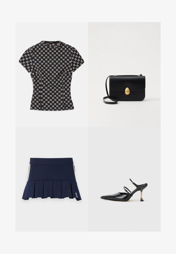 Rövid ujjú, testhezálló felső sötétkék színben, bézs geometrikus mintázattal. Magas nyakkivágással és texturált anyaggal rendelkezik. A márkacímke hátul található.; Tengerészkék rakott szoknya rugalmas anyagból, formás derékkal és oldalsó cipzáras részlettel. A varrások láthatók az illesztéseknél.; Fekete bőr, hegyes orrú, pántos szandál, két állítható pánttal és fémből készült sarokkal. Simas texture és minimalista dizájn jellemzi.; Fekete bőr kézitáska, struktúrált, téglalap alakú formával. Arany ovális kapoccsal és vékony vállpánttal rendelkezik. Sima textúrájú.