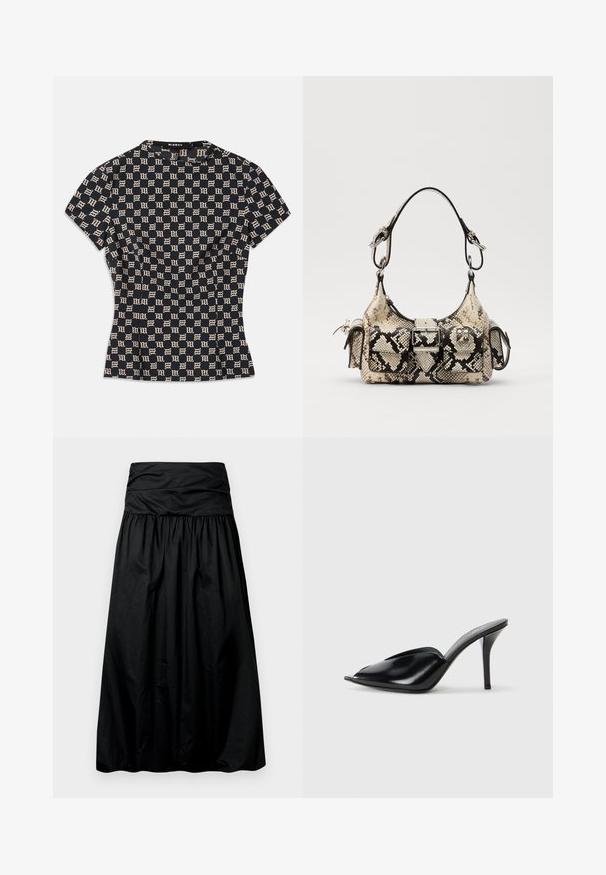 Džersej majica kratkih rukava u tamnoplavoj boji s bež geometrijskim uzorkom. Ima visoki ovratnik i teksturiranu tkaninu. Brandska oznaka na stražnjoj strani.; Crna suknja srednje duljine s naboranim dizajnom, izrađena od glatkog materijala. Ima široki nabrani pojas na vrhu.; Crne kožne visoke mule s otvorenim prstima, šiljastim dizajnom, glatkom teksturom i uskim štiklama.; Pythonprint torbica u bež i crnoj boji, s naglašenim oblikom, detaljem kopče i dvostrukim naramenicama. Teksturirana površina.
