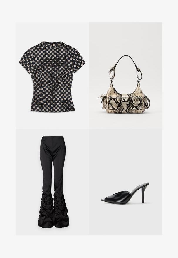 Lühikeste varrukatega istuv tipp tumesinises, millel on beež geomeetriline muster. Omab kõrget kaelust ja tekstuurset kangast. Brändi silt taga.; AVAVAV PLEATED TROUSER - Püksid - black; Mustad nahast kõrge kontsaga mulad avatud varbaga, terava disainiga, siledapinnalised ja kitsaste stilettokontsadega.; Pruuni ja musta värvi nahkjeskott, millel on struktureeritud kuju, pandla detail ja kaks õlarihma. Tekstureeritud pind.