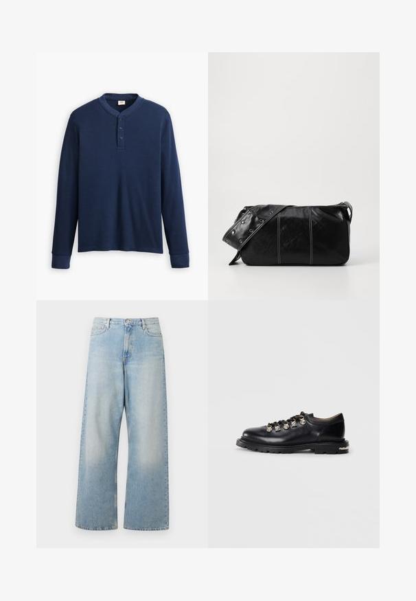 Polo majica dugih rukava u tamnoplavoj boji izrađena od rebrastog materijala. Ima okrugli izrez i tri dugmeta na zaplatku. Manžetne su uske.; Svijetloplave široke traperice izrađene od denima, s visokim strukom, prednjim džepovima i izblijedjelim opranim izgledom s suptilnim tragovima na bedrima.; Crne kožne niske cipele s debelim đonom, metalnim rupicama, ukrasnim srebrnim šarmovima na vezicama i teksturiranim gaznim slojem.; Crna kožna torba preko ramena s zatvaranjem na patentni zatvarač, s teksturiranim tijelom, bijelim šavovima i remenom sa srebrnim okovima.