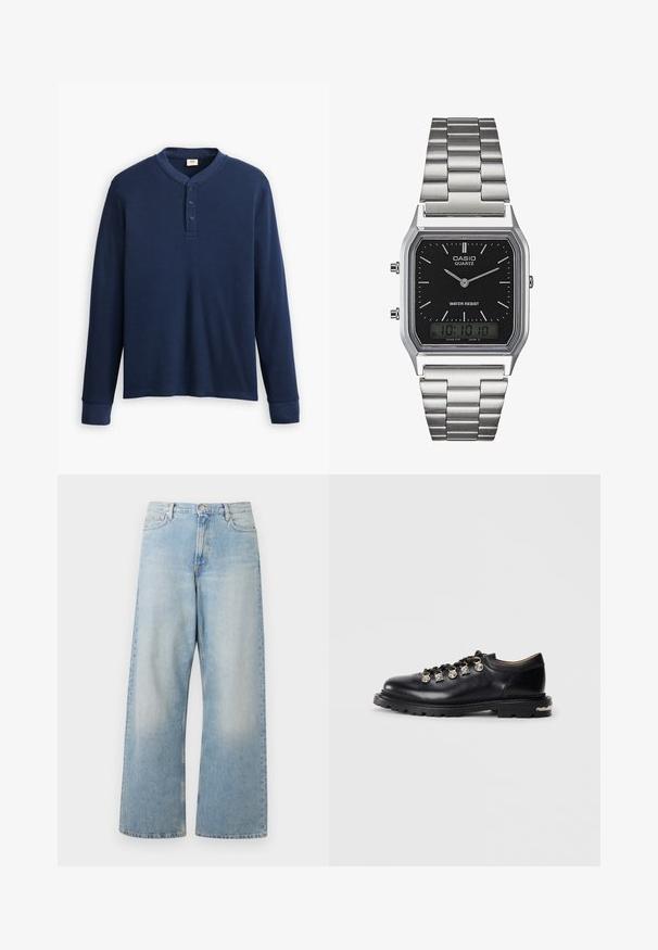 Langdraagbare marineblauwe henley shirt van ribstof. Heeft een ronde halslijn en een knoopsluiting met drie knopen. De mouwen zijn aangesloten.; Lichtblauwe wijde jeans van denim, met een hoge taille, voorzakken en een vervaagde wasbeurt met subtiele slijtageplekken op de dijen.; Zwarte leren lage schoen met dikke zool, metalen oogjes, decoratieve zilveren charmes aan de veters en een gestructureerde loopzool.; Zilveren roestvrijstalen quartzhorloge met een zwart rechthoekig uurwerk, voorzien van analoge wijzers, digitale weergave en het label voor waterbestendigheid.