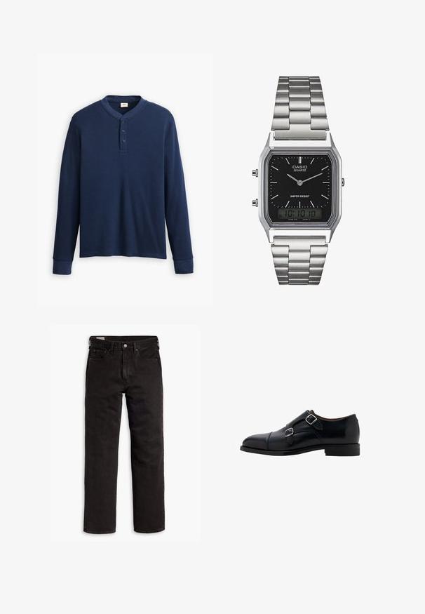 Long-sleeve navy blue henley shirt made of ribbed fabric. Features a round neckline and three button placket. Cuffs are fitted.; Black straight-leg denim jeans with five pockets, button closure, and belt loops, laid flat on a white background.; Black leather dress shoe with dual buckles, a rounded toe, and a smooth finish. Features a low heel and sleek silhouette.; Silver stainless steel quartz watch with a black rectangular face, featuring analog hands, digital display, and water resistance label.