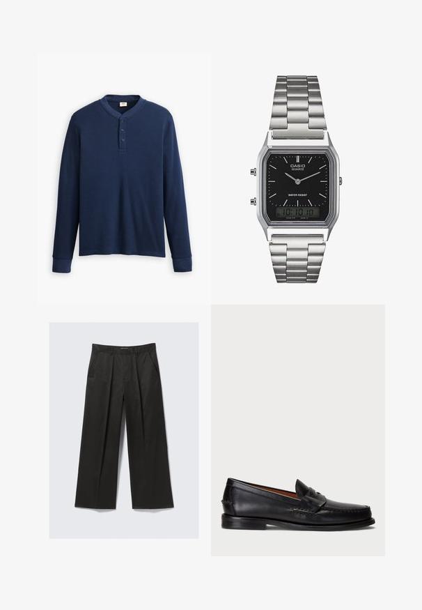 Cămașă henley cu mânecă lungă de culoare bleumarin, confecționată dintr-un material tip plasă. Prezintă un decolteu rotund și o față cu trei butoni. Manșetele sunt ajustate.; Pantaloni negri cu croială largă, cu o textură netedă, având două buzunare frontale și o talie ușor ridicată.; Mocasini din piele neagră cu vârful rotunjit, detalii cusute și o curea decorativă în partea din față. Talpă plată cu un profil minim.; Ceas de quartz din oțel inoxidabil argintiu, cu un cadran rectangular negru, având ace analogice, afișaj digital și etichetă de rezistență la apă.