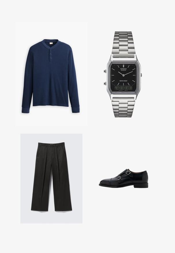 Langärmliges navyblaues Henley-Shirt aus geripptem Stoff. Mit rundem Ausschnitt und einer Knopfleiste mit drei Knöpfen. Die Bündchen sind schmal geschnitten.; Schwarze weit geschnittene Hose mit glatter Textur, ausgestattet mit zwei frontalen Taschen und einem leicht erhöhten Bund.; Schwarzer Lederschuh mit zwei Schnallen, abgerundeter Spitze und glatter Oberfläche. Verfügt über einen niedrigen Absatz und eine schlanke Silhouette.; Silberner Edelstahl-Quartz-Uhr mit schwarzem rechteckigem Zifferblatt, ausgestattet mit analogen Zeigern, digitaler Anzeige und Wasserdichtigkeitslabel.