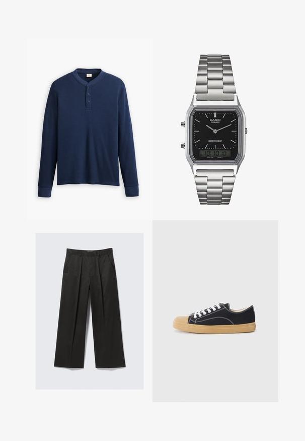 Ilgi piedurknes tumši zilā henley krekls, izgatavots no ribotas auduma. Iezīmē apaļu kakla izgriezumu un trīs pogu aizdari. Piedurkņu gali ir pieguļoši.; Melnas platās bikses ar gludu tekstūru, ar divām priekšējām kabatām un nedaudz paaugstinātu vidukli.; Melni kanvas sporta apavi ar baltiem šņorēm, noapaļota bēša gumijas purngalu un zelta zoli. Balta šuvuma akcents piešķir dizainam papildus pievilcību.; Sudraba nerūsējošā tērauda kvarca pulkstenis ar melnu taisnstūra seju, kas aprīkota ar analogajām rādītājiem, digitālo displeju un ūdensizturības norādi.